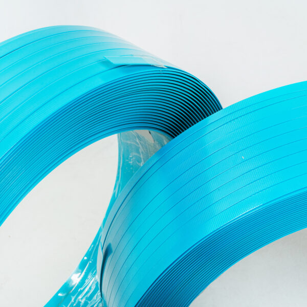 Two rolls of blue polyester strapping for warehouse.